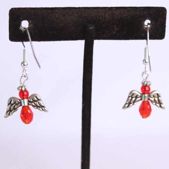 Little Dangling Angel Earrings Pierced Red Faceted Stone Silver Tone - Picture 4 of 9